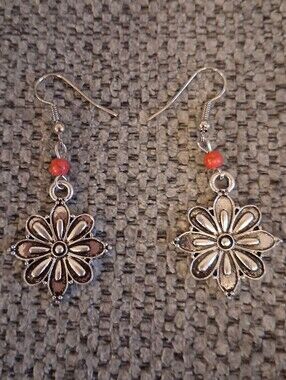 Silver Floral Dangle Earrings with Coral Accent